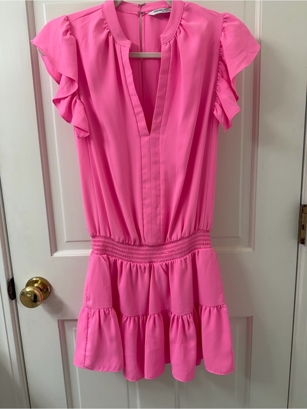 Amanda Uprichard Bright Pink Ruffle Sleeve Romper